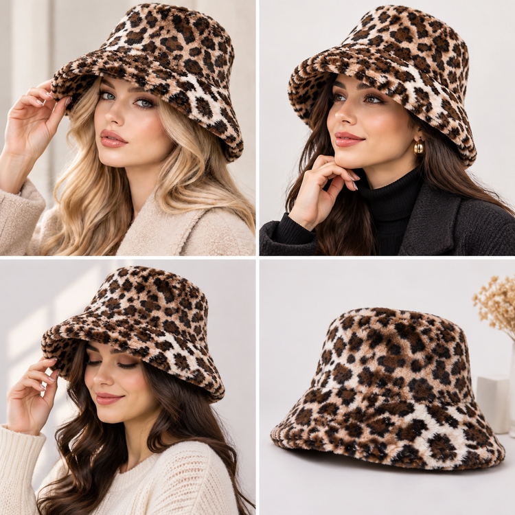 کلاه باگت پلنگی ایرانی جنس خز تک رنگLeopard Print Bucket Hat